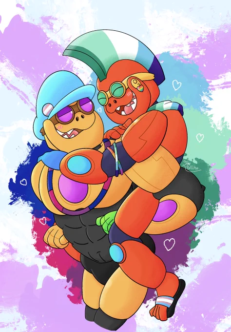 Two robot coaches from Just Dance. One rides on the others back, representing their sexualities & support for the trans community ❤️