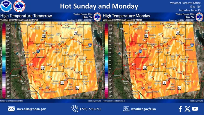 The image depicts high temperatures throughout Northern and Central Nevada near 90 degrees Sunday afternoon. The image also indicates maximum temperatures across Northern and Central Nevada in the lower 90s Monday afternoon.