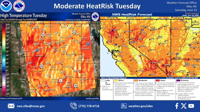 The image depicts a moderate risk for heat-related illnesses in the valleys of Northern and Central Nevada Tuesday afternoon.