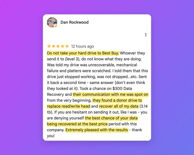Five-star Google review from Dan Rockwood praising $300 Data Recovery for recovering all 3.14 TB after Best Buy declared his drive unrecoverable.