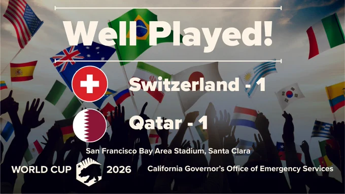 People in the background with all country flags. Well Played! Switzerland logo. Switzerland 1 Qatar 1 San Francisco Bay Area Stadium Santa Clara. World Cup 2026 logo. California Governor's Office of Emergency Services. 