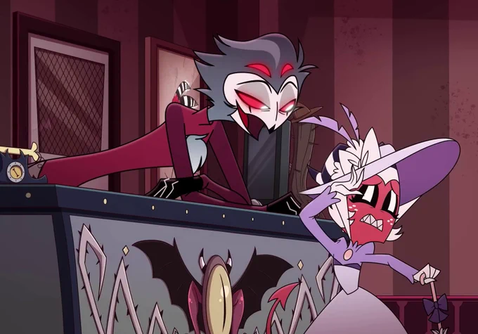 an edited screenshot from short 12 - imp training video where moxxie is acting as the client and stolas is the receptionist, rather than loona as the receptionist & millie playing the client.