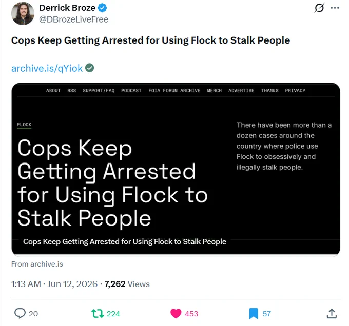 Cops Keep Getting Arrested for Using @Flock🐑🐑to Stalk People
- @DBrozeLiveFree
https://x.com/DBrozeLiveFree/status/2065226066650927175
#ADA✝️#news