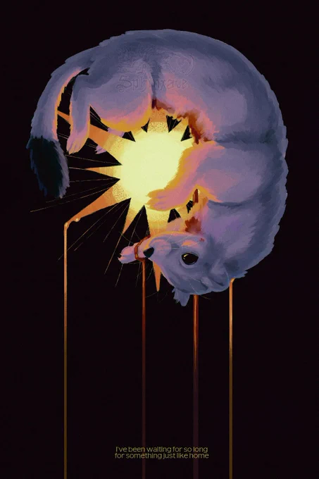 Digital painting of a stoat in ermine floating over a black background and curled around a bright star shape that turns its fur orange and pink in contrast with the blue of the shadows. The tines of the star pierce into its throat and belly and blood/star fluid drip in lines to the bottom of the piece. Small text reads: "I've been waiting for so long for something just like home."