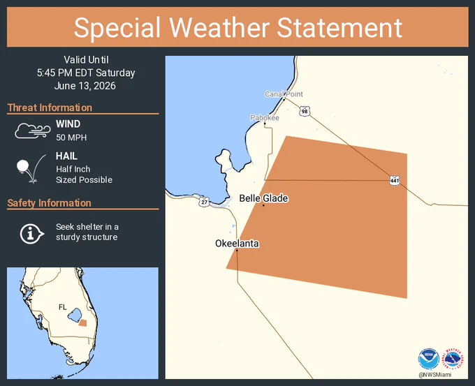 This graphic displays a special weather statement plotted on a map. The statement is in effect until 5:45 PM EDT.  The statement includes Belle Glade FL and  Okeelanta FL.  A strong thunderstorm will impact portions of central Palm Beach County through 545 PM EDT. The threats associated with this storm are wind gusts up to 50 MPH and half inch sized hail. Seek shelter in a sturdy structure until the storm passes.