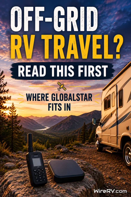 RV parked in a remote wilderness area with satellite communication equipment for off-grid travel.