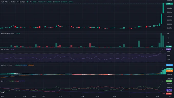 RIZEUSD 30m candles price chart between 2026-06-10T21:30:00Z and 2026-06-13T21:30:00Z with RSI, MACD and ADX indicator