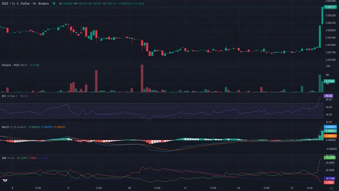 RIZEUSD 1h candles price chart between 2026-06-07T22:00:00Z and 2026-06-13T21:30:00Z with RSI, MACD and ADX indicator