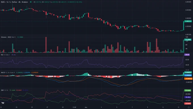 RIZEUSD 4h candles price chart between 2026-05-21T00:00:00Z and 2026-06-13T21:30:00Z with RSI, MACD and ADX indicator