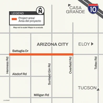 Map showing a highlighted project area in Arizona City, positioned between Eloy and Casa Grande. Roads include Battaglia Dr, Henness Rd, Alsdorf Rd, Milligan Rd, Toltec Rd, Overfield Rd, and Sunland Gin Rd. An I-10 highway sign is visible in the top right corner.
