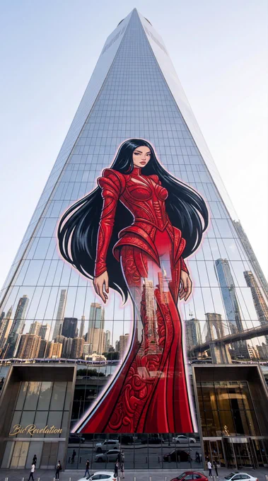 A massive 10-story street-art mural of a woman with long jet-black hair in an immaculate, high-fashion red couture outfit, painted across a modern @socialsight skyscraper. The skyscraper's silver mirrored glass panels reflect the surrounding city, blending with the artwork to create a surreal 3D illusion. The mural features hyper-clean linework in a bold cartoon-editorial fusion style, accented by a soft neon-pastel glow outlining her silhouette. Shot from a dramatic low-angle upward perspective to emphasize urban grandeur. In the lower-left corner, a subtle, semi-transparent signature in elegant golden calligraphy reads "BicRevelation".