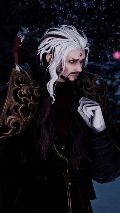 A close up of Emet's new long Solus hair under the stars in the snow
