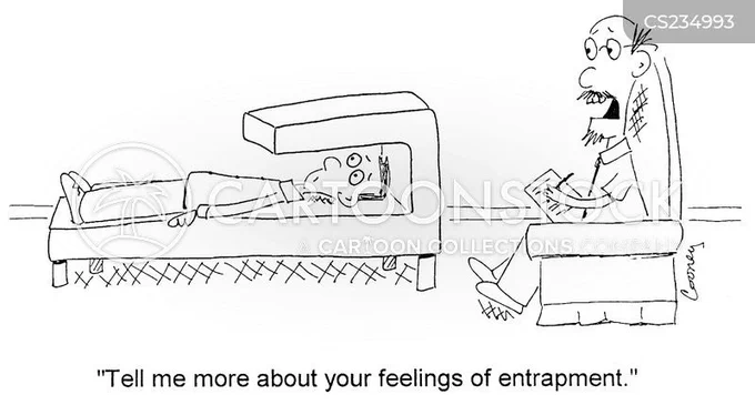 Alt text: A black-and-white cartoon shows a patient lying on a psychoanalyst’s couch, but the couch has transformed into a giant mousetrap-like device. A heavy rectangular block hangs directly above the patient, creating the impression that they are physically trapped beneath it. The analyst sits opposite in an armchair, calmly taking notes. The caption reads: “Tell me more about your feelings of entrapment.” The humour comes from the fact that the patient’s entrapment is not psychological but visibly real and immediate, while the therapist responds as though it is merely a subjective feeling to be analysed.