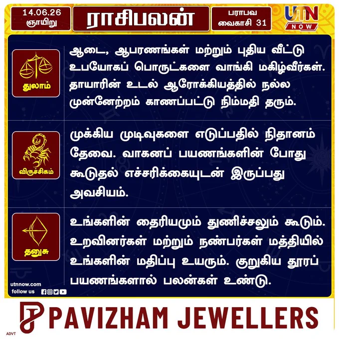 இன்றைய ராசிபலன் 14.06.2026– உங்கள் நாள் எப்படி?
#DailyRasiPalan #TodayHoroscope #TamilAstrology #AstrologyTamil #utnnow