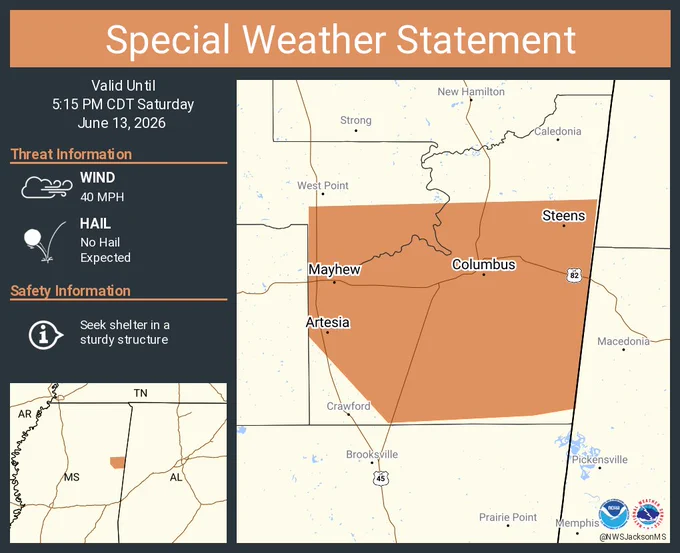 This graphic displays a special weather statement plotted on a map. The statement is in effect until 5:15 PM CDT.  The statement includes Columbus MS, New Hope MS and  Artesia MS.  A STRONG THUNDERSTORM WILL IMPACT SOUTHEASTERN CLAY AND LOWNDES COUNTIES THROUGH 515 PM CDT. The threats associated with this storm are wind gusts up to 40 MPH and no hail is expected. Seek shelter in a sturdy structure until the storm passes.