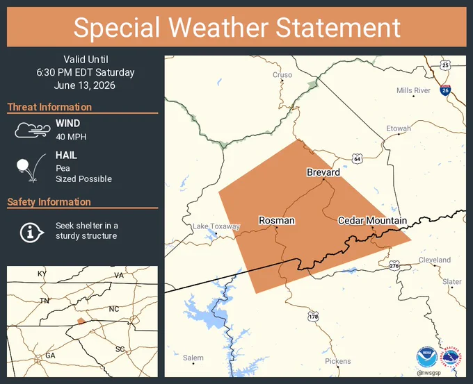 This graphic displays a special weather statement plotted on a map. The statement is in effect until 6:30 PM EDT.  The statement includes Brevard NC, Rosman NC and  Cedar Mountain NC.  The threats associated with this storm are wind gusts up to 40 MPH and pea sized hail. Seek shelter in a sturdy structure until the storm passes.