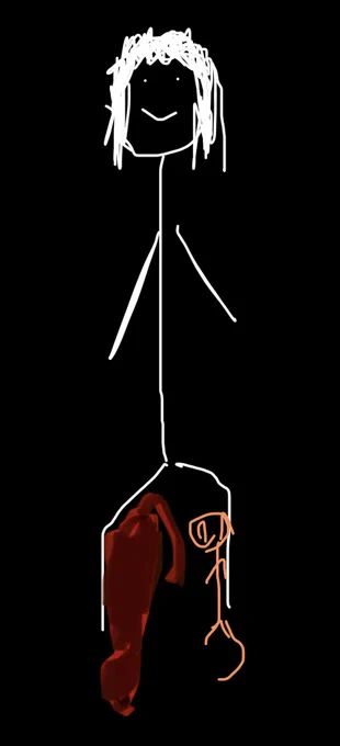 A disheveled stick man drawn in white on a black background. A reddish-brown blob dog and an orange stick kitten are lying, facing opposite directions, between the stick man’s legs.