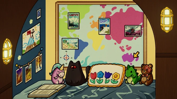Teddy Bedroom in Momento, with plushies on the bed including a black cat from the Fat Alien Cat logo and a pillow with the Nomo Studio logo. A map of the world has postcards on it 