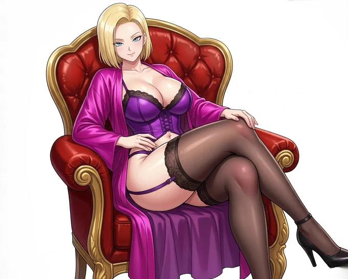 An anime-style blonde woman, resembling Android 18, sits in a red and gold Victorian chair, wearing a purple corset and black stockings. She wears a pink satin robe over the lingerie, with her legs crossed. White background.