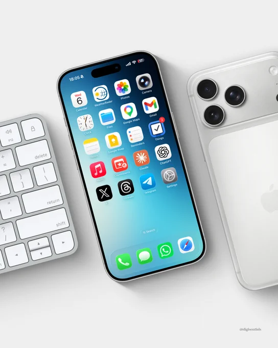 Minimal iPhone homescreen mockup displayed at an angle on a light gray desk beside a white keyboard and a silver iPhone. The screen features a clean blue gradient wallpaper transitioning from deep blue at the top to soft cyan at the bottom, paired with colorful app icons and a minimalist layout. The overall composition has a bright, modern, and productivity-focused aesthetic with subtle shadows and premium Apple-inspired styling.