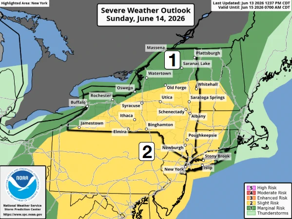 This map shows the Slight Risk  (Level 2 of 5) for potential severe thunderstorms across most of eastern NY and western New England tomorrow afternoon into the night time period.   The main threat for severe thunderstorms will be damaging winds 58 mph or greater that can bring down large tree limbs, trees and power lines.  
