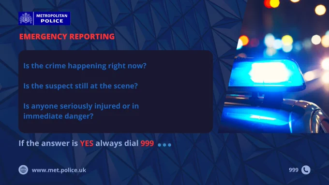 Metropolitan Police emergency reporting: Is the crime happening now? Is the suspect at the scene? Is anyone injured? If yes, dial 999. A police car with flashing lights is on the right. Website: www.met.police.uk.