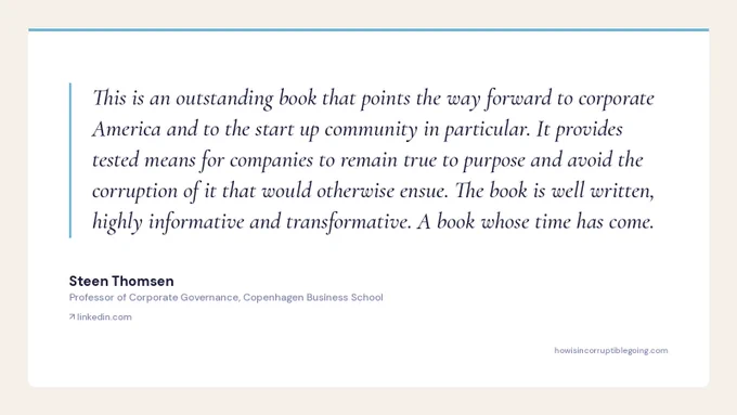 Quote card: 'A book whose time has come.' — Steen Thomsen, Professor of Corporate Governance, Copenhagen Business School.