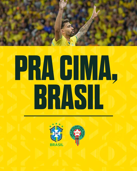 A person in a Brazil national soccer team jersey celebrates with outstretched arms in front of a yellow and green background with the Brazil and FIFA logos.