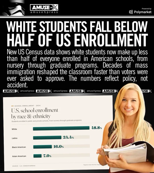 New US Census data shows white students now make up less than half of everyone enrolled in American schools, from nursery through graduate programs. Decades of mass immigration reshaped the classroom faster than voters were ever asked to approve. The numbers reflect policy, not accident.