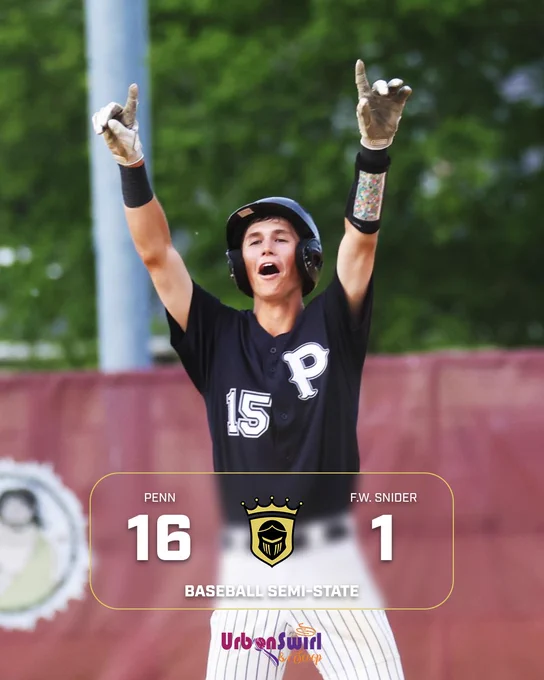 Baseball player in uniform with number 15, arms raised in celebration, scoreboard in background showing Penn vs F.W. Snider, baseball semi-state