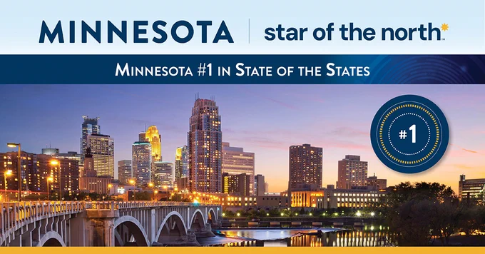 Skyline of Minneapolis, Minnesota, at dusk featuring illuminated buildings. Text reads "Minnesota | star of the north" and "Minnesota #1 in State of the States," with a circular emblem displaying "#1".