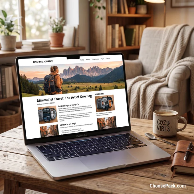 A laptop screen showing a clean one-bag travel blog article in a cozy reading nook with a coffee cup beside it.