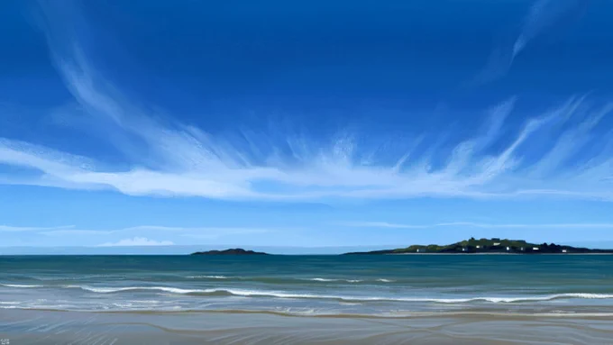 Digital painting of a seaside landscape: there is distant land on the horizon, some buildings gleaming white in the sunshine. The sky is bright blue, with white, feather-like clouds spreading out across the frame. The sea is also bright blue and green, with the thinnest bit of sea foam forming over the gentle waves.