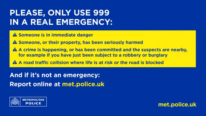 Please only use 999 in a real emergency:\n- someone is in immediate danger \n- someone, or their property has been seriously harmed\n- a crime is happening, or has been committed and the suspects are nearby, for example if you have just been subject to a robbery or burglary \n- a road traffic collision where life is at risk or the road is blocked