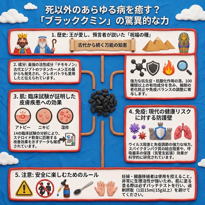 ブラッククミンの驚異的な効力を解説したインフォグラフィック画像。中央にブラッククミンの種子があり、その周囲を5つの赤い枠線で囲まれた解説パネルが囲んでいる。

上部のタイトルは、「死以外のあらゆる病を癒す？『ブラッククミン』の驚異的な力」。

各パネルの内容：

 1. 歴史：王が愛し、預言者が説いた「祝福の種」。古代から続く万能の知恵。王、預言者、ピラミッド、ツタンカーメンの黄金のマスクの粘土風イラスト付き。

 2. 成分：最強の活性成分「チモキノン」。古代エジプトのツタンカーメン王の墓からも発見され、クレオパトラも愛用したと伝えられている。強力な抗炎症・抗酸化作用の源。100種類以上の有効成分を含み、細胞の老化防止や免疫バランスの調整に寄与。分子構造、シールド、炎、虫眼鏡のイラスト付き。

 3. 肌：臨床試験が証明した皮膚疾患への効果。アトピー、ニキビ、湿疹の症例イラスト。14の臨床試験の分析により、ステロイド軟膏に匹敵する改善効果を示すデータも報告されている。

 4. 免疫：現代の健康リスクに対する防護壁。ウイルス阻害と免疫調節の強力な味方。スパイクタンパク質の結合阻害や、呼吸器系の保護（気管支拡張）効果が科学的に研究されている。ウイルス、砦、シールド、肺のイラスト付き。

 5. 注意：安全に楽しむためのルール。妊婦・臓器移植者は使用を控えること。非常に生理活性が強いため、肌に塗る際は必ずパッチテストを行い、過剰摂取（1日15ml/15g以上）を避けること。注意、妊婦、スポイト、スプーン、手のイラスト付き。

画像全体は、青い背景に雲が浮かぶ、可愛らしい粘土風のスタイルで描かれている。