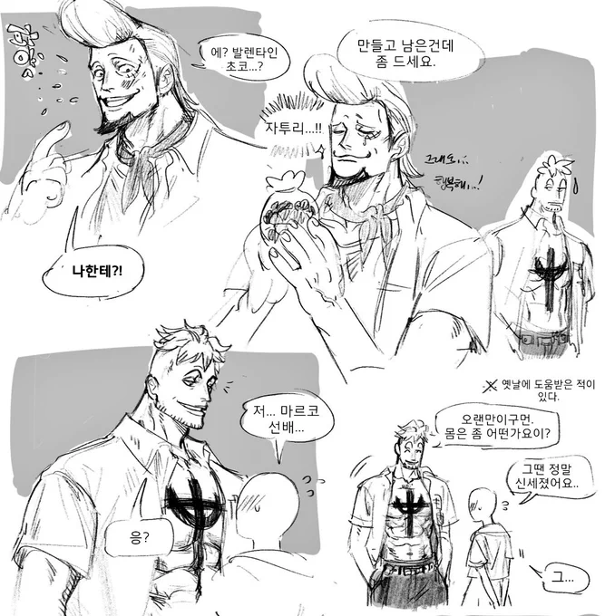 1. え? バレンタインチョコ...? 俺に?!
2. 作って残ったものですけど、食べてください / 残り...!! (でも...幸せ...!)
3.あの...マルコ先輩... /うん?
4.久しぶりだな.体はどうだよい? /その時は本当に世話になりました... その...
*以前に助けられたことがある