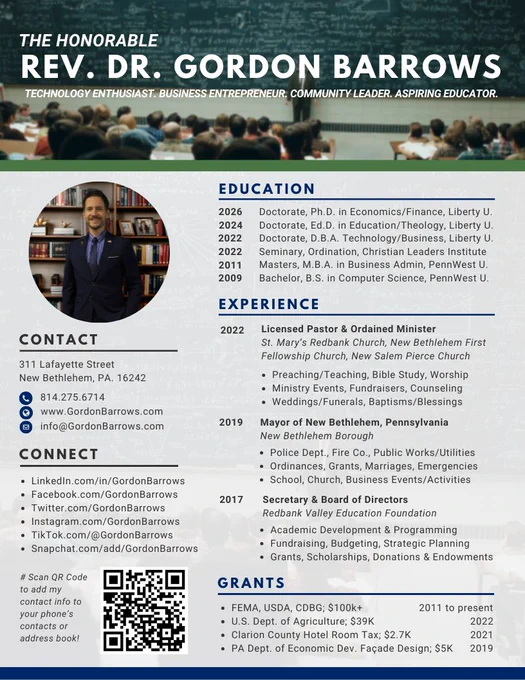 PROFESSOR: The Honorable Rev. Dr. Gordon Barrows is pursuing triple (3) doctorates, including a Ph.D., Ed.D., & D.B.A. to teach as a college professor. GordonBarrows.com/professor

#Professor #Teacher #Educator #NewBethlehem #RedbankValley