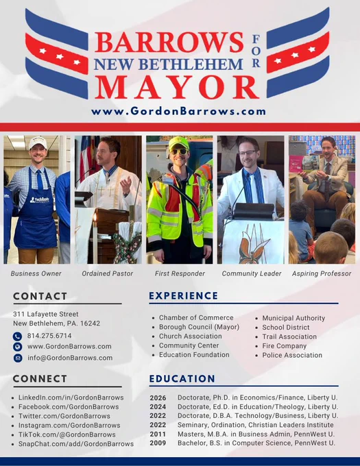 MAYOR: The Honorable Rev. Dr. Gordon Barrows serves as the Mayor of New Bethlehem Pennsylvania located in the heart of the Redbank Valley community. GordonBarrows.com/mayor
 
#Mayor #Community #NewBethlehem #RedbankValley #ClarionCounty