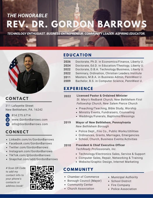 RESUME: Save & print The Honorable Rev. Dr. Gordon Barrows Résumé or Curriculum Vitae: GordonBarrows.com/resume 

#Résumé #CurriculumVitae #CV #NewBethlehem #RedbankValley