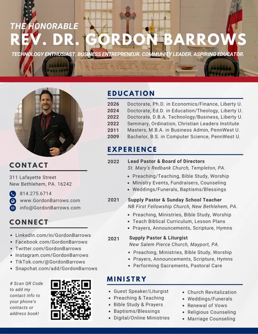 PASTOR: The Honorable Rev. Dr. Gordon Barrows serves the St. Mary’s Redbank Church, New Bethlehem First Fellowship Church & New Salem Pierce Church. GordonBarrows.com/pastor
 
#Pastor #Reverend #Minister #Church #NewBethlehem #RedbankValley