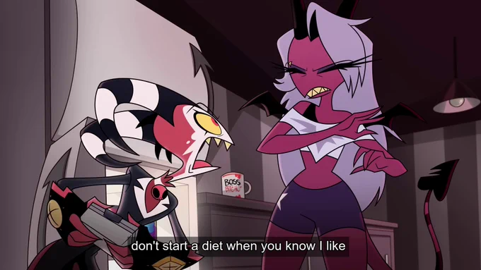 screenshot from short 12 - blitz berating the succubus intern for starting a diet because he likes to steal lunches
