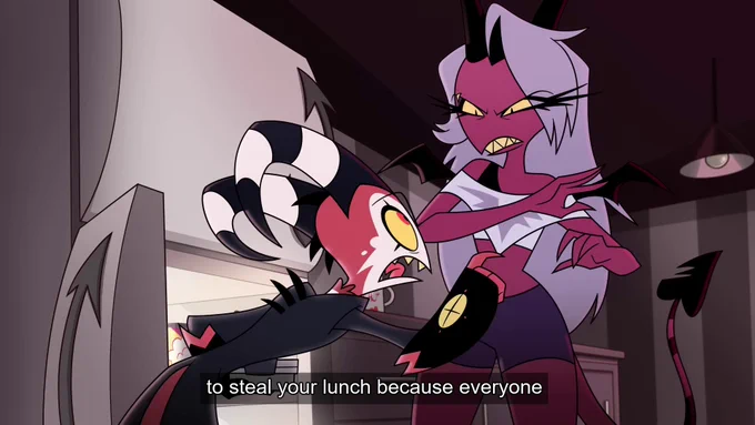 screenshot from short 12 - blitz berating the succubus intern for starting a diet because he likes to steal lunches