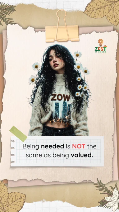 A young woman with long dark wavy hair wearing a cream knit sweater featuring a glowing cityscape print, surrounded by white daisies on a vintage torn-paper background. At the bottom is the quote: "Being needed is NOT the same as being valued." Zest of Wisdom logo in the top right.