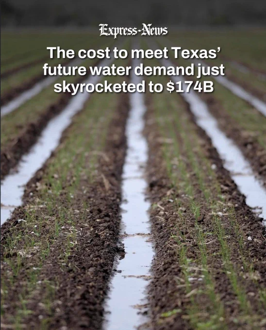 Express-News graphic showing rows of irrigated farmland stretching into the distance, with water flowing through furrows between young crops. Overlaid text reads: “The cost to meet Texas’ future water demand just skyrocketed to $174B.” The image highlights concerns about water infrastructure, agricultural water use, and the growing cost of securing Texas’ future water supply.