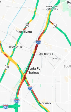 QuickMap.dot.ca.gov shows delays to both directions of I-605 and to northbound I-5. 