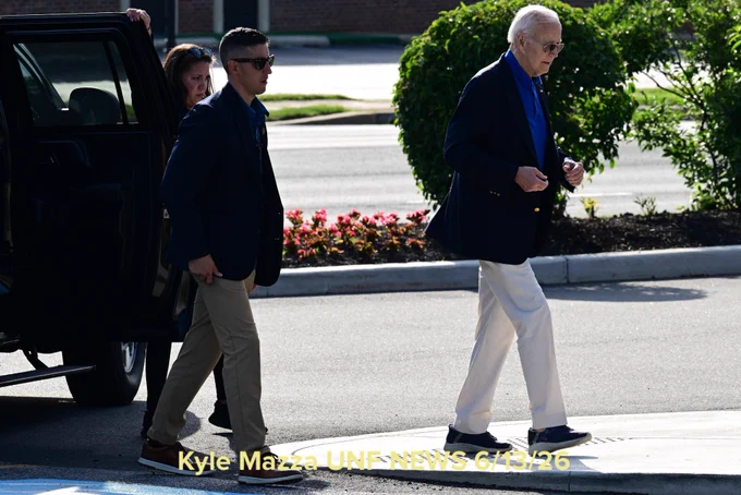 Former United States President Joe Biden is seen walking as he arrives at M&T Bank to withdraw money from an ATM after he attended mass services at St. Joseph on the Brandywine Church in Wilmington, Delaware, Saturday, June 13, 2026.