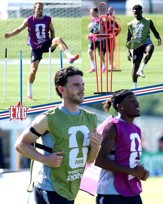 Harry Kane, Bukayo Saka, Declan Rice and Noni Madueke at training in Kansas City. 