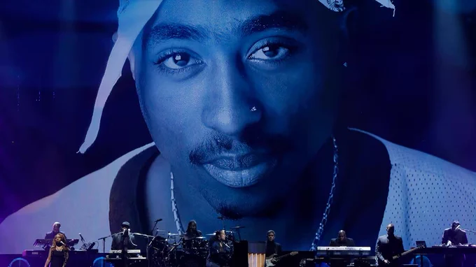 Tupac Shakur's likeness appears at the 32nd Annual Rock & Roll Hall of Fame Induction Ceremony, in New York City, in July 2017. (Lucas Jackson/Reuters)
