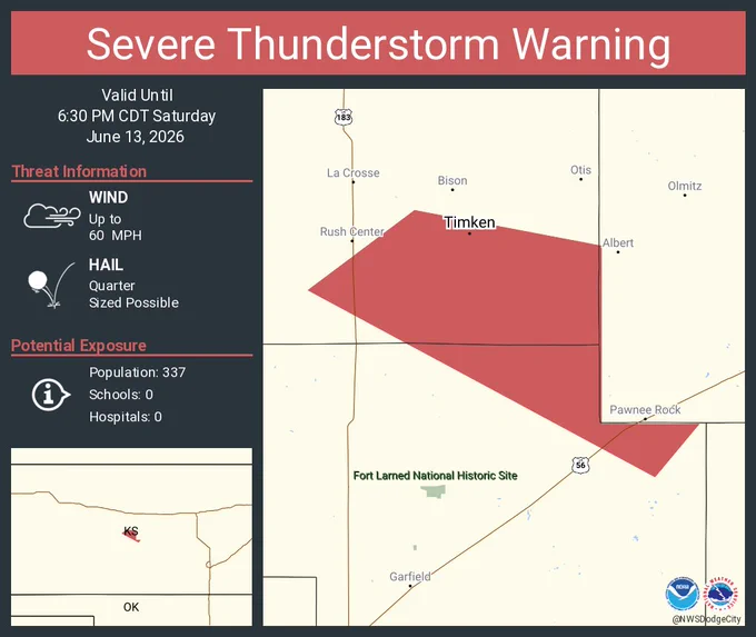 This graphic displays a severe thunderstorm warning plotted on a map. The warning is in effect until 6:30 PM CDT. The warning includes Timken KS.  This warning is for Northeastern Pawnee County in south central Kansas and Southeastern Rush County in central Kansas. The threats associated with this warning are wind gusts up to 60 MPH and quarter sized hail. There are 337 people in the warning along with 0 schools and 0 hospitals.