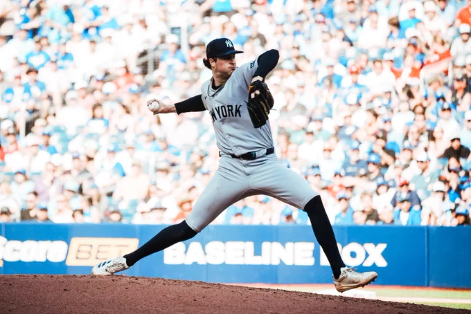 Cam Schlittler pitches against the Blue Jays.